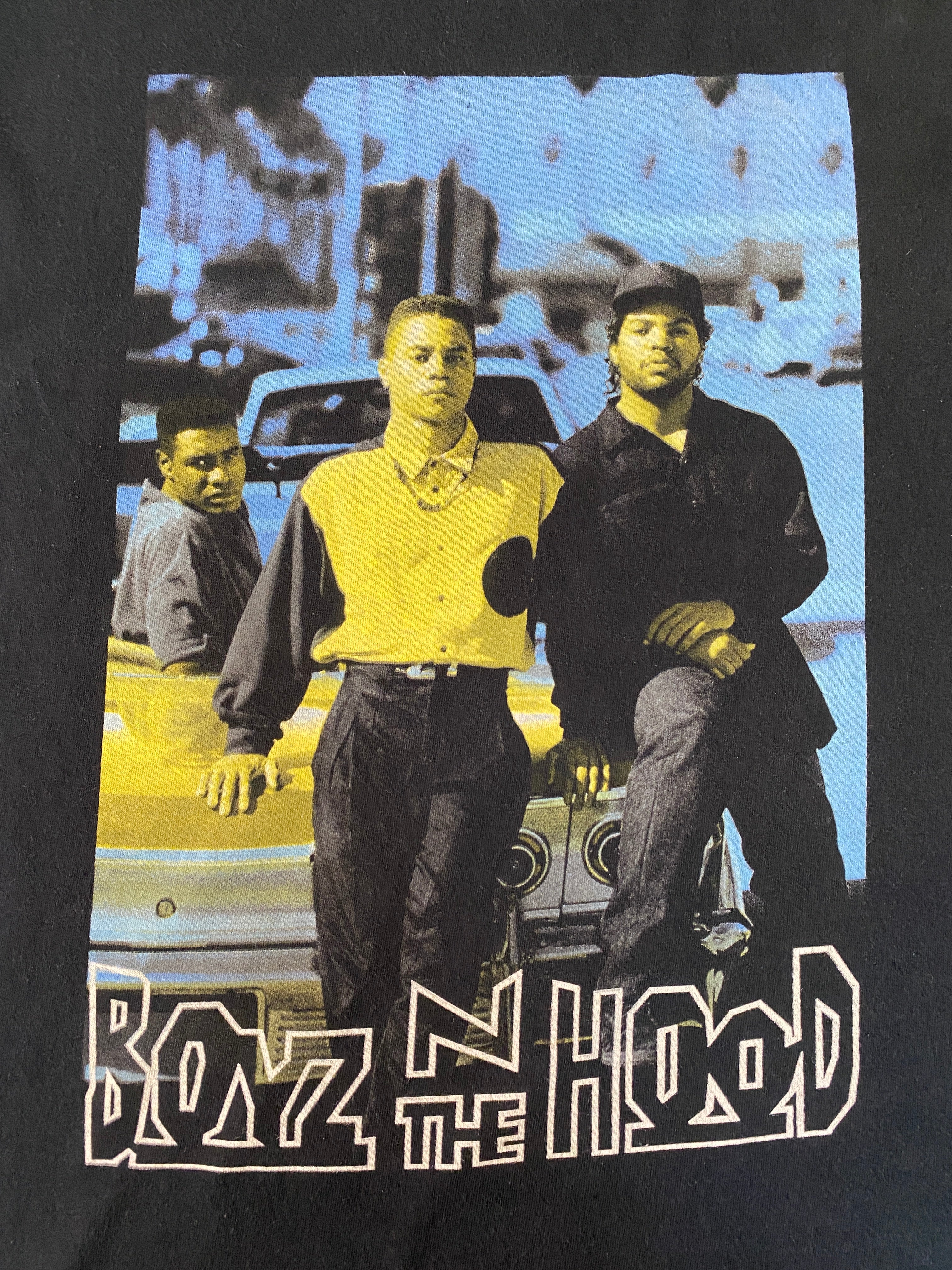 T-shirt vintage Boys in the Hood 90's – focus flocage avec Ice Cube, Morris Chestnut et le logo du film – taille XL – seconde main