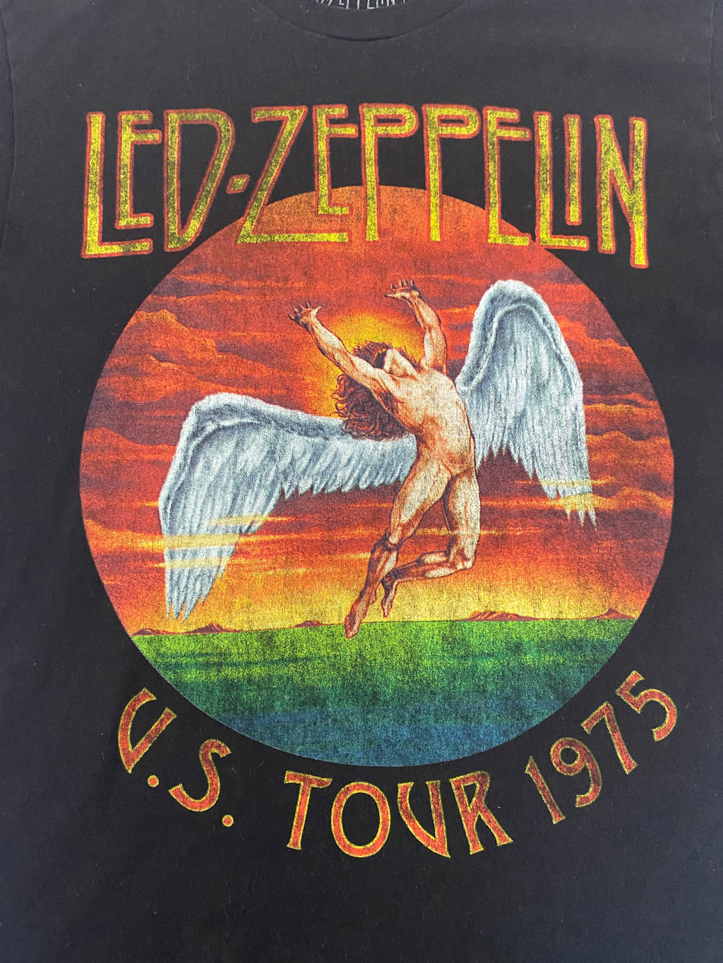T-shirt Led Zeppelin US Tour 1975 – focus flocage vue de face – taille M – seconde main