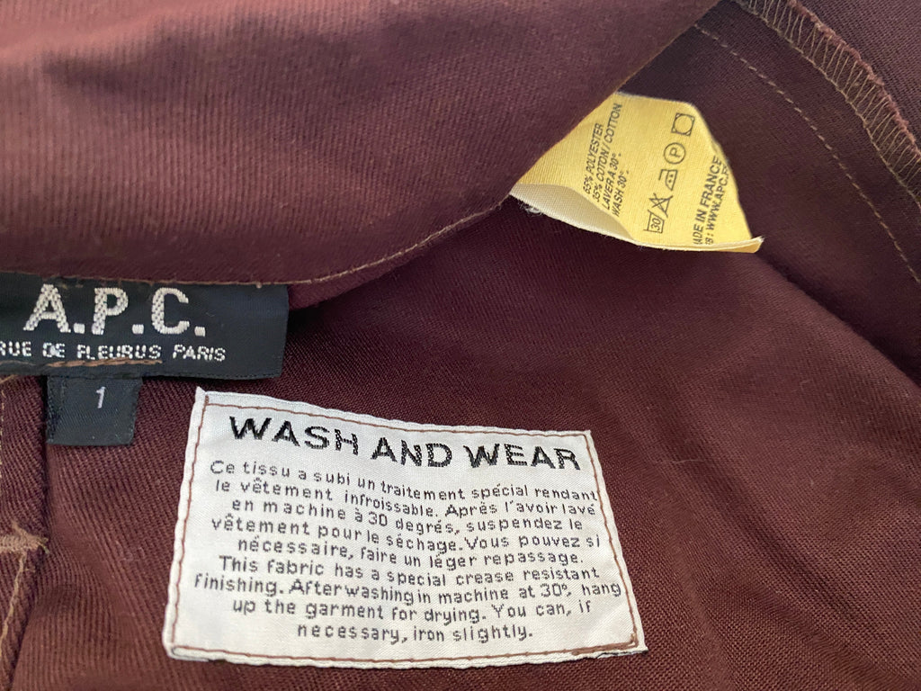  Veste chemise oversize unisexe APC bordeaux – vue intérieure détail étiquette marque taille  et instructions d'entretien – taille S – seconde main