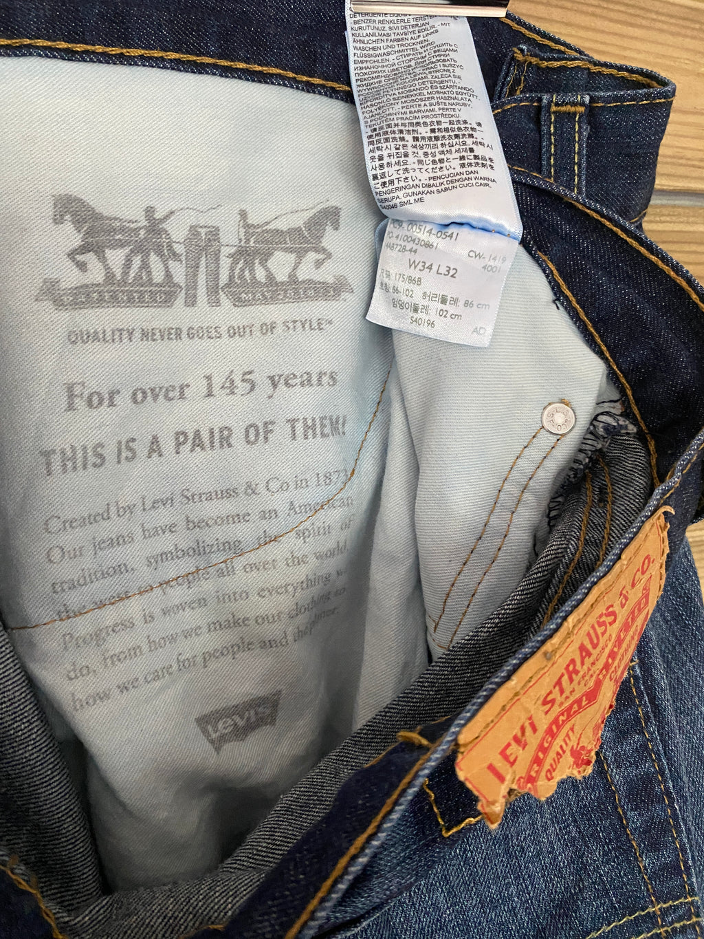 Jean Levi's 514 vintage seconde main W34L32 – inscriptions poche intérieure