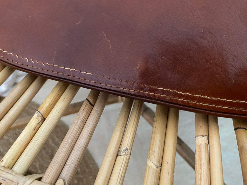 Pochette tout cuir vintage caramel patiné – détail patine cuir et usure coutures au niveau du fermoir vue de face – seconde main