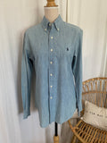 Chemise Ralph Lauren Classic Fit chambray bleu ciel T.S seconde main – vue de face sur buste