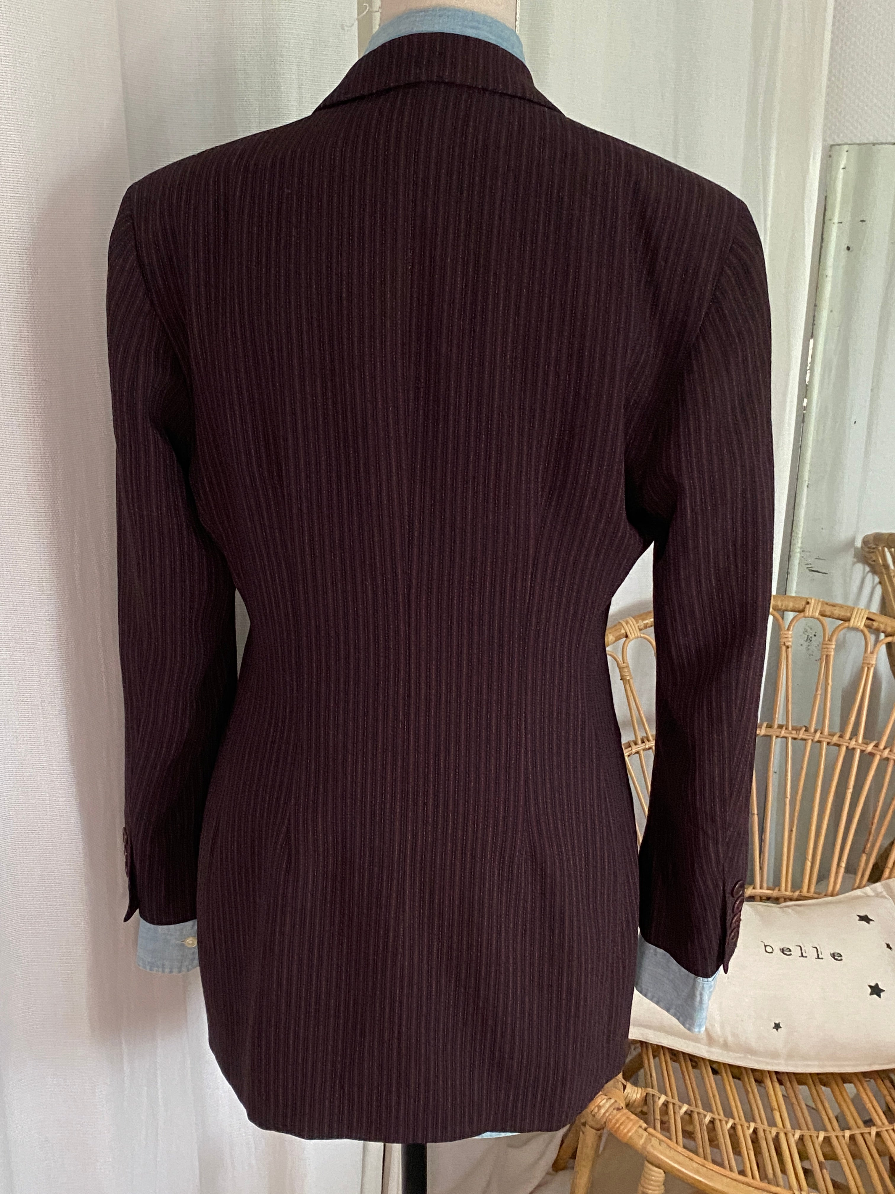 Blazer long Più & Più rayé bordeaux T.38-40 seconde main – vue de dos