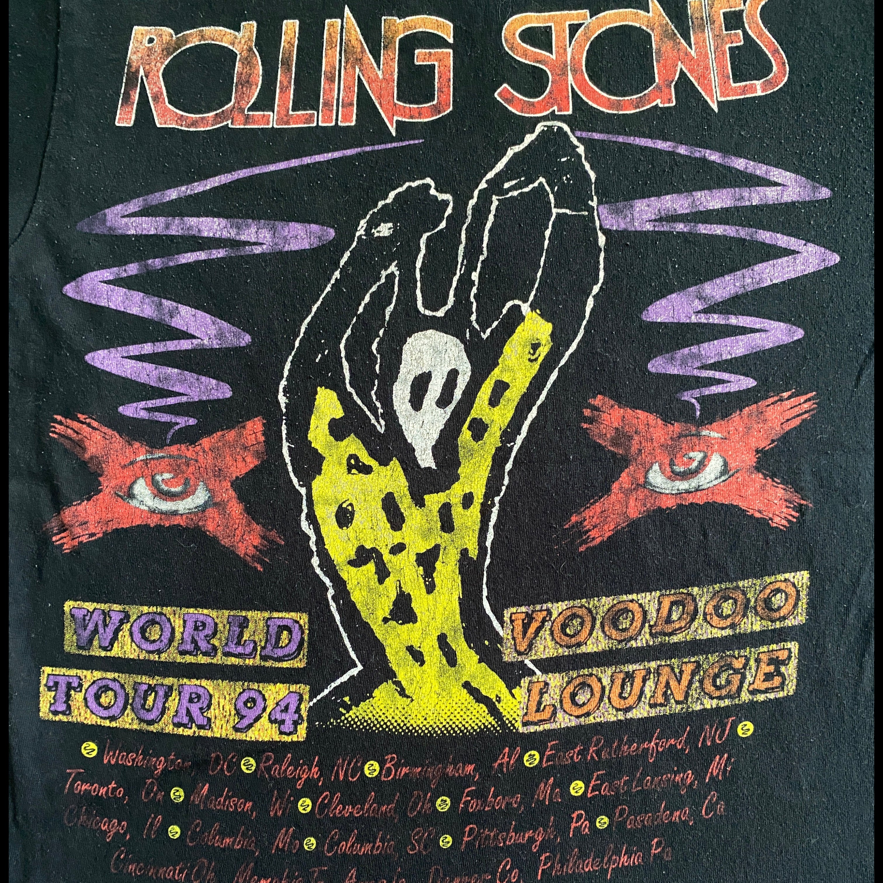 T-shirt Rolling Stones Voodoo Lounge seconde main – détail flocage dos main vaudou dates et villes World Tour 94