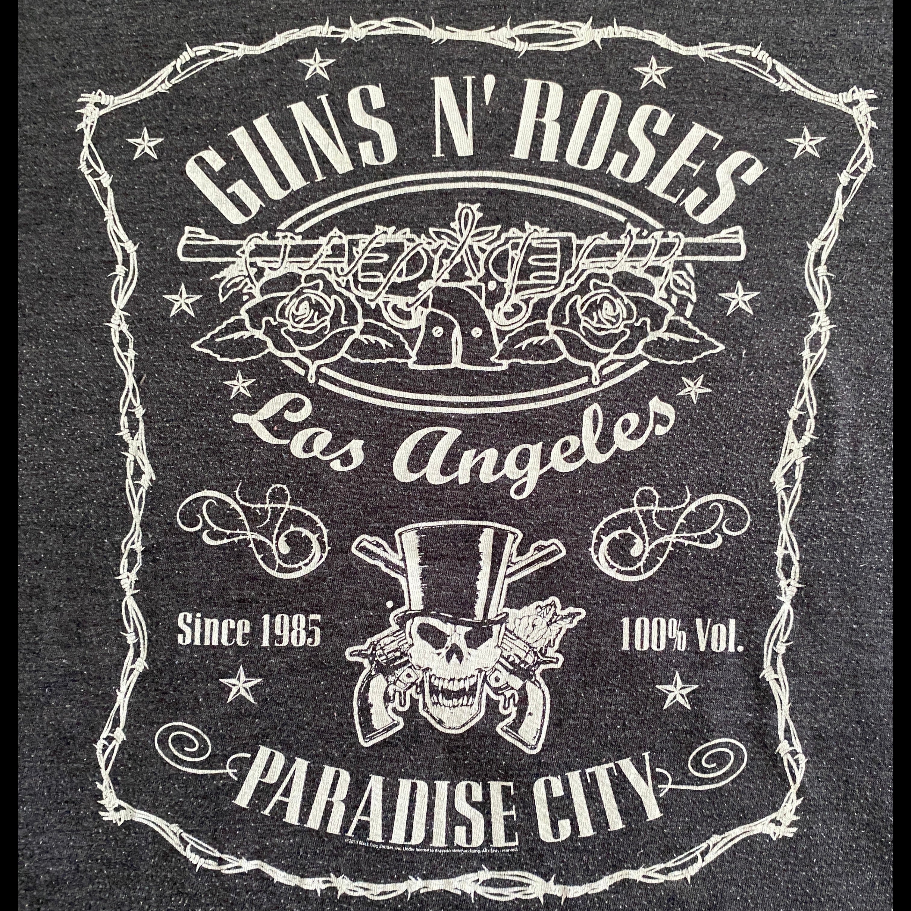 T-shirt Guns N' Roses Paradise City seconde main – détail flocage skull haut-de-forme cadre fil de fer barbelé