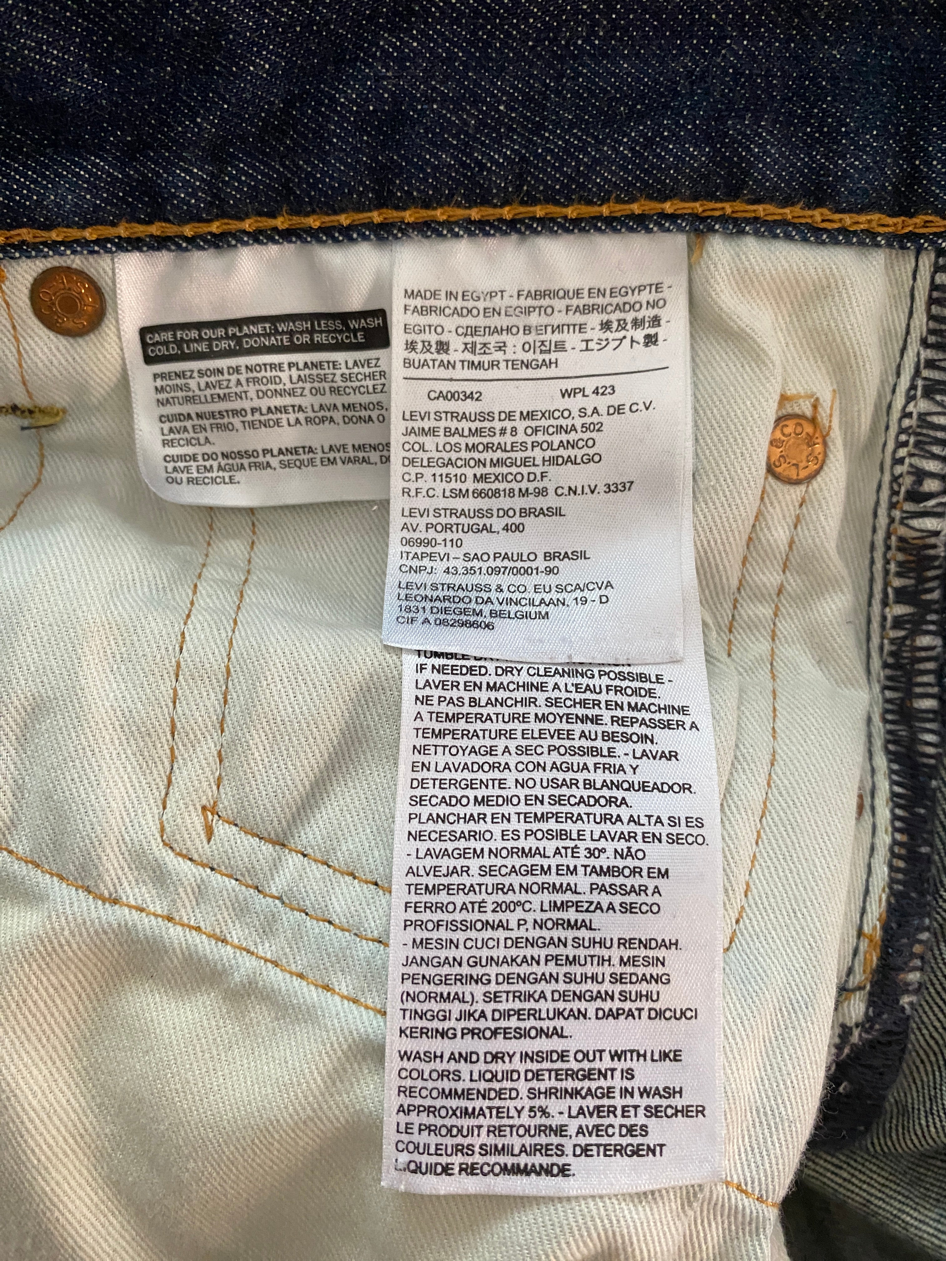 Levi's 501 Original – détail étiquette intérieure, Made in Egypt, 100% coton, WPL 423