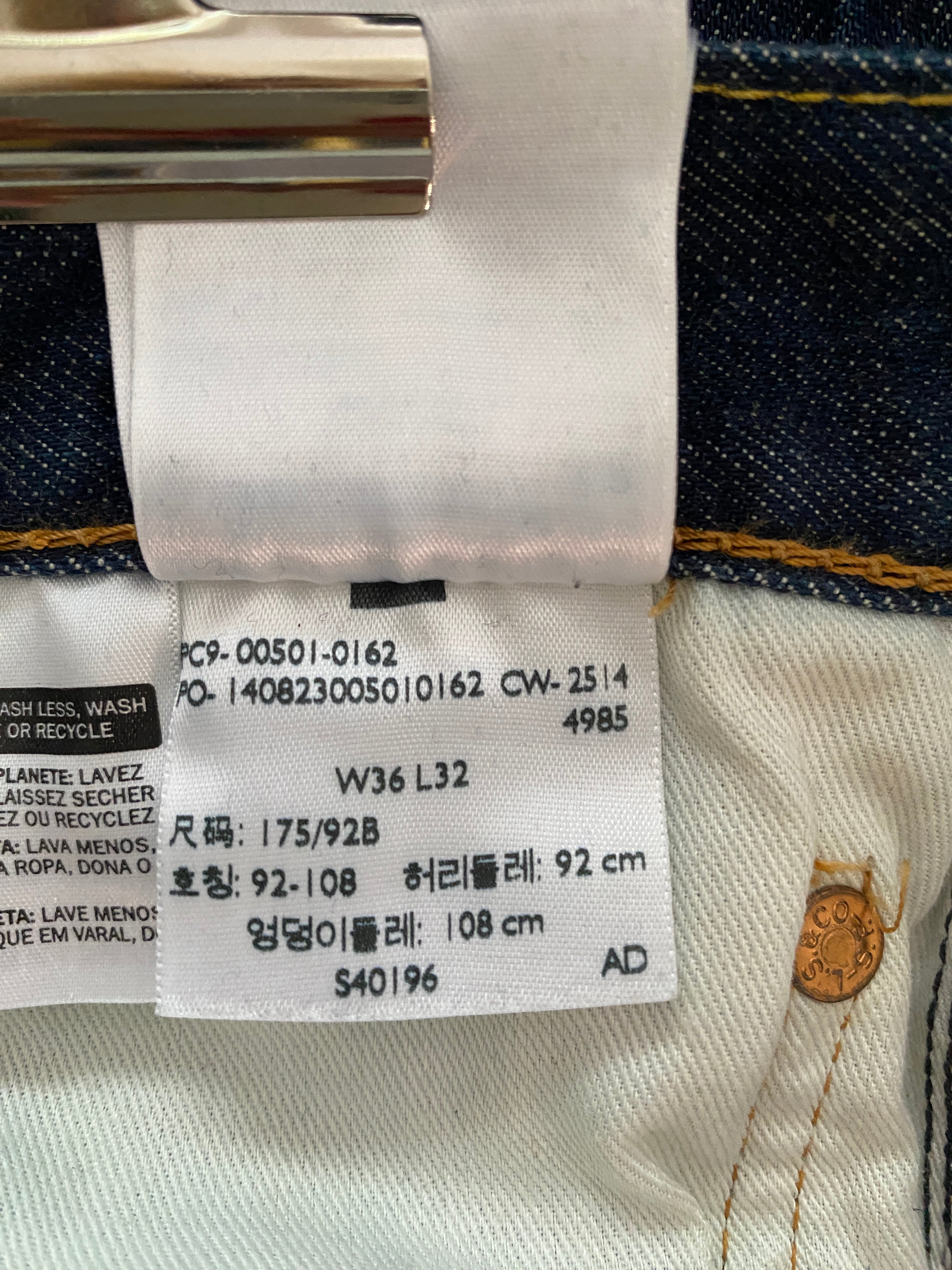 Levi's 501 Original – détail étiquette codes fabrication, W36 L32, 501 Original