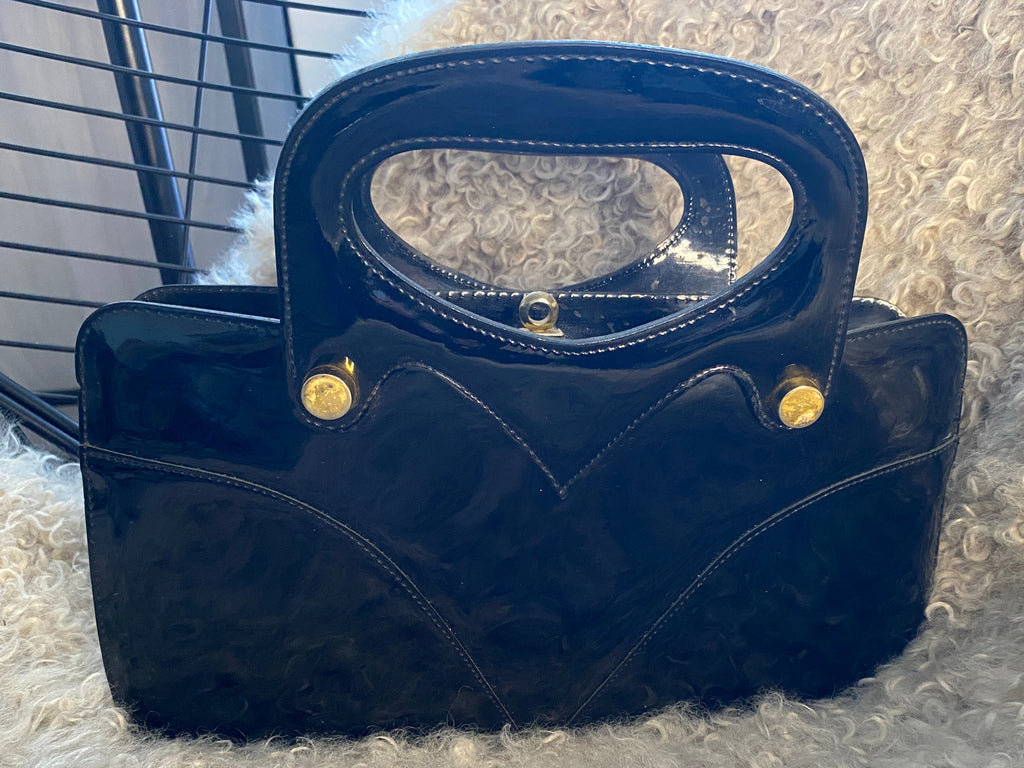 Sac vintage années 60 vinyle noir – vue générale de face – seconde main