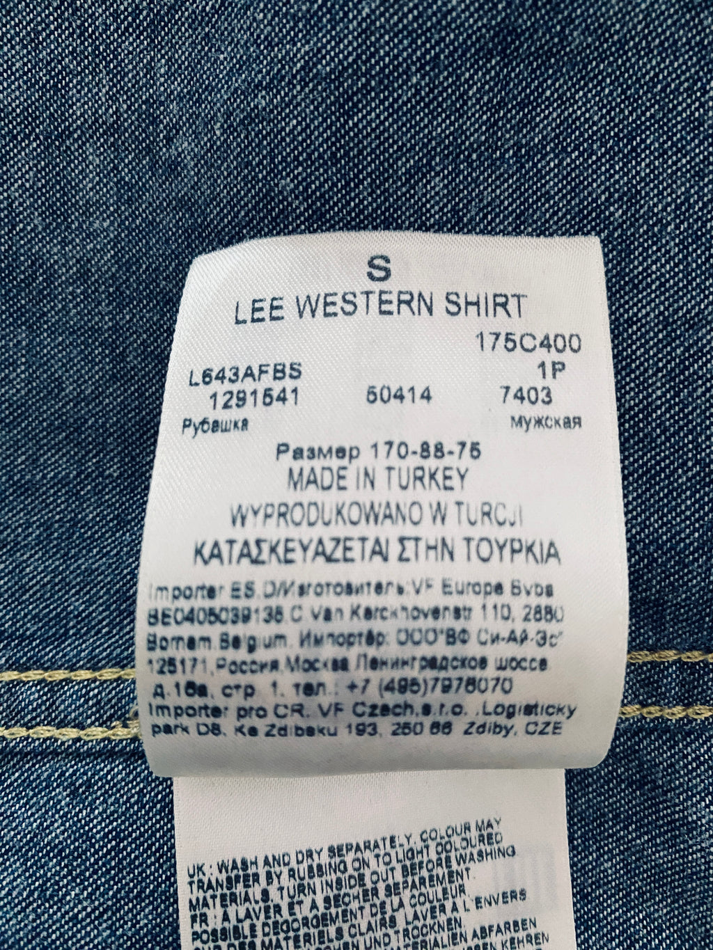 Étiquette Lee Western Shirt – référence L643AFBS, taille S, Made in Turkey – VF Europe


