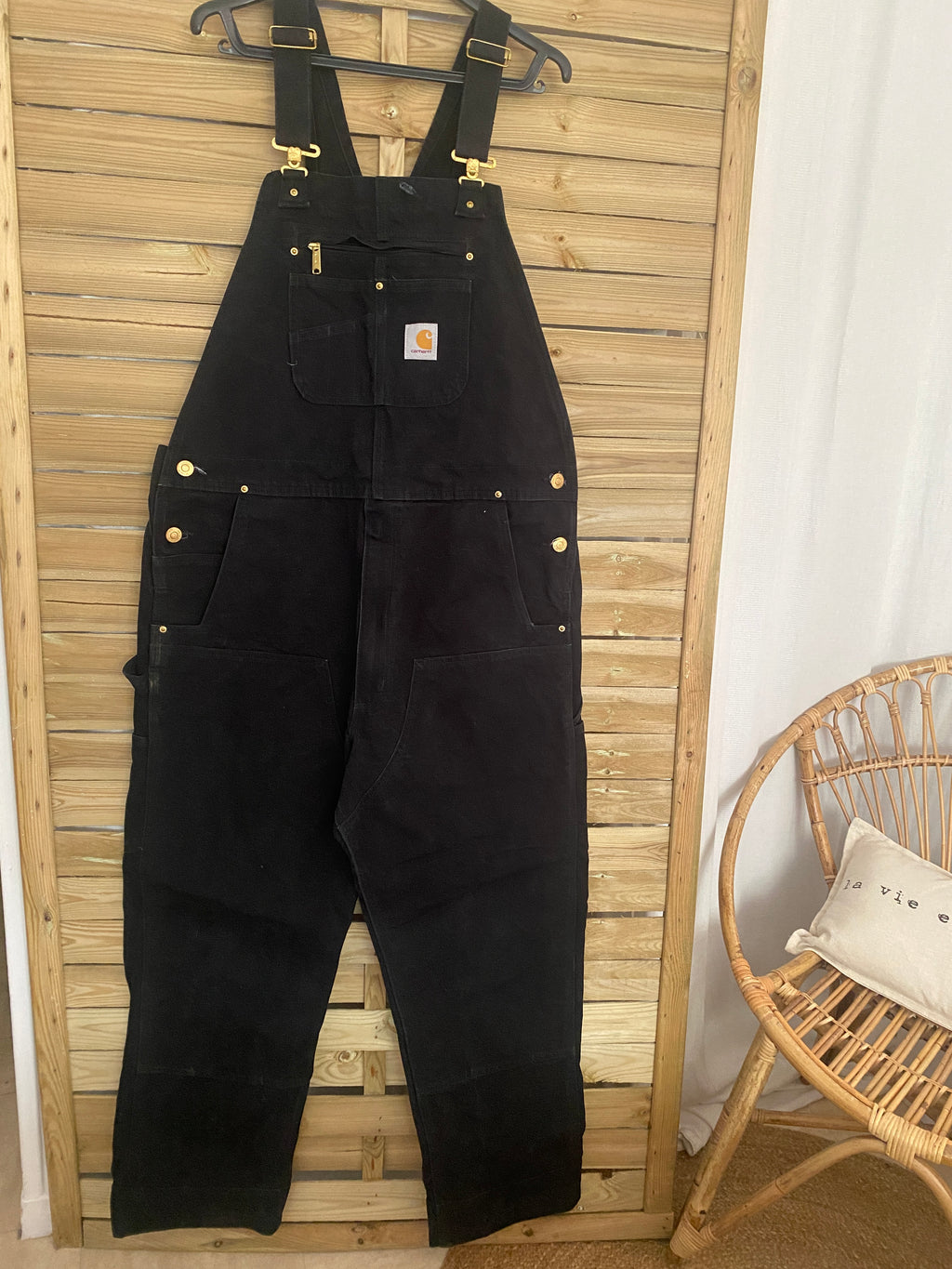 Salopette Carhartt Zip-to-Thigh noire vue de face – grande taille 38x32 seconde main