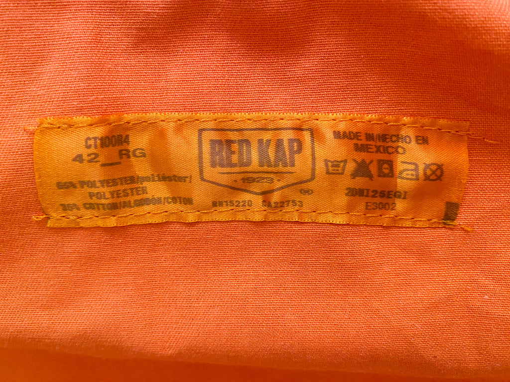 Étiquette Red Kap 42 RG – 65% polyester 35% coton, Made in Mexico – Combinaison orange seconde main